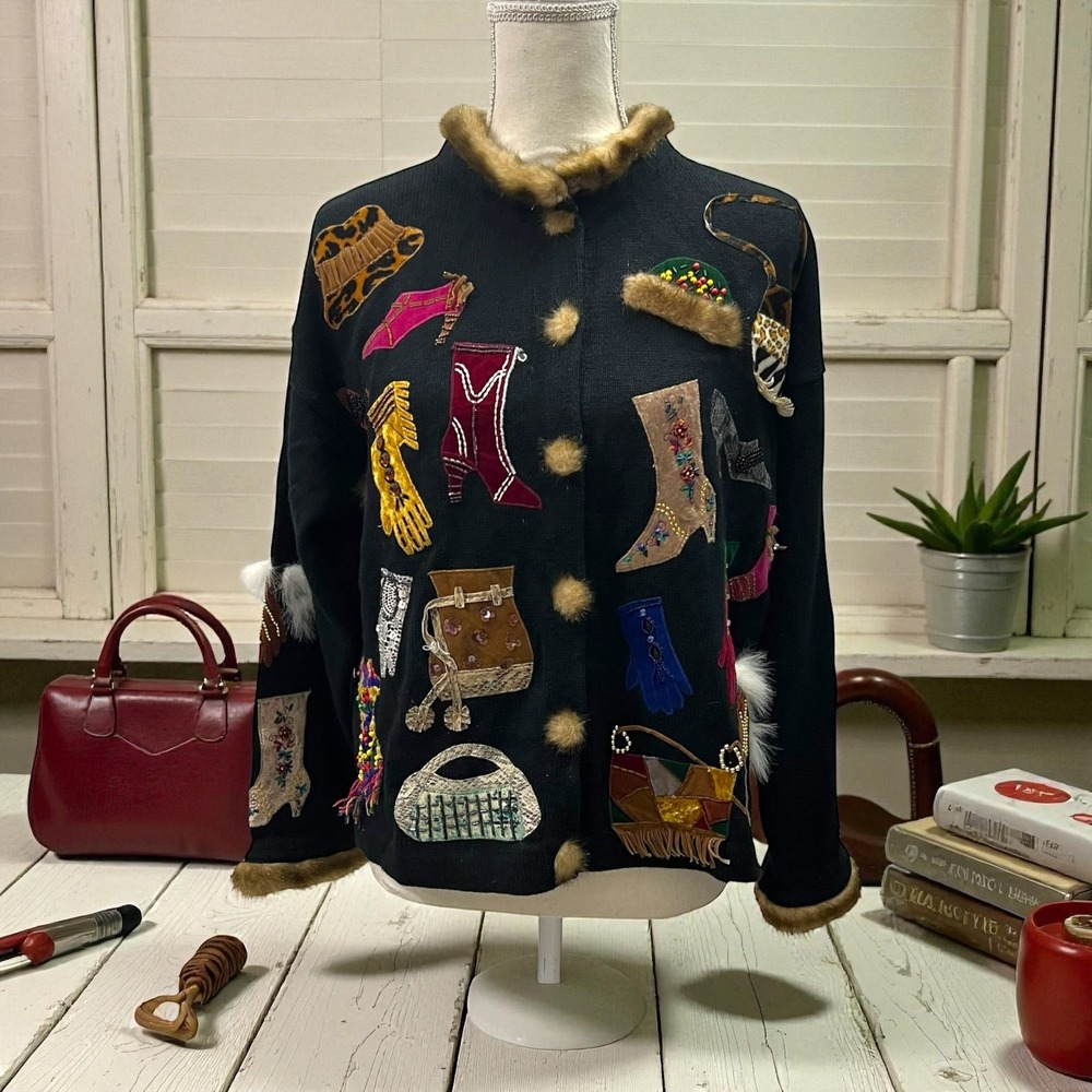 Vintage Design Options Western Appliqué Fur Trim‎ Cardigan Sweater Jacket L